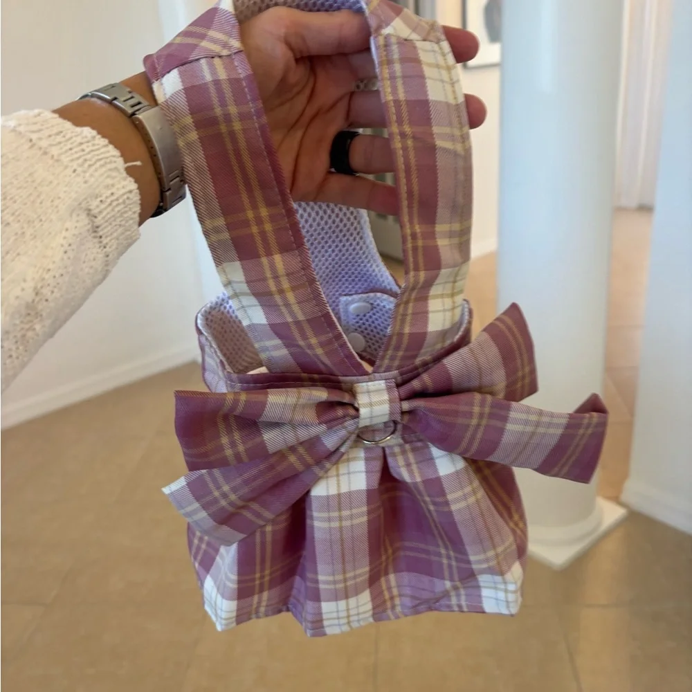 Plaid Dog Dress with Bow & Harness .